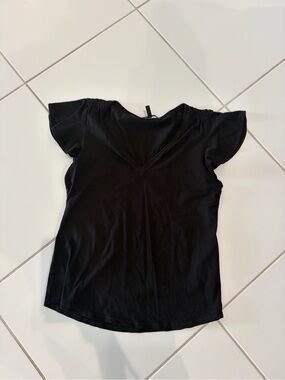 White House Black Market Black V-Neck Flutter Sleeve Tee